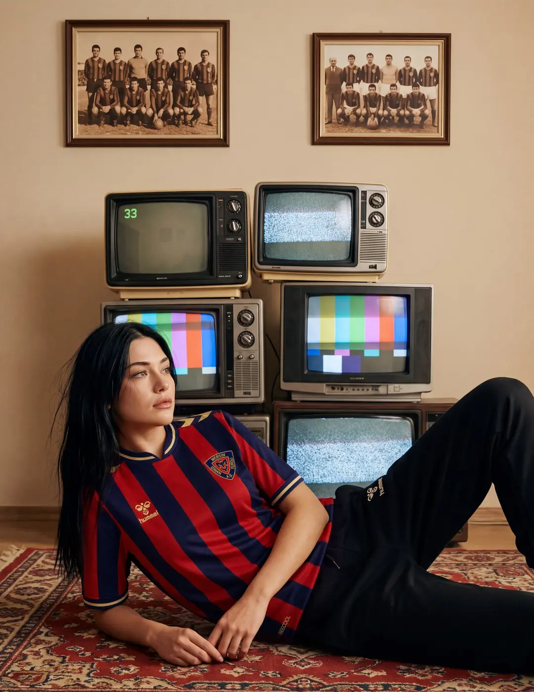 Gold Çubuklu formalı model eski televizyonların önünde