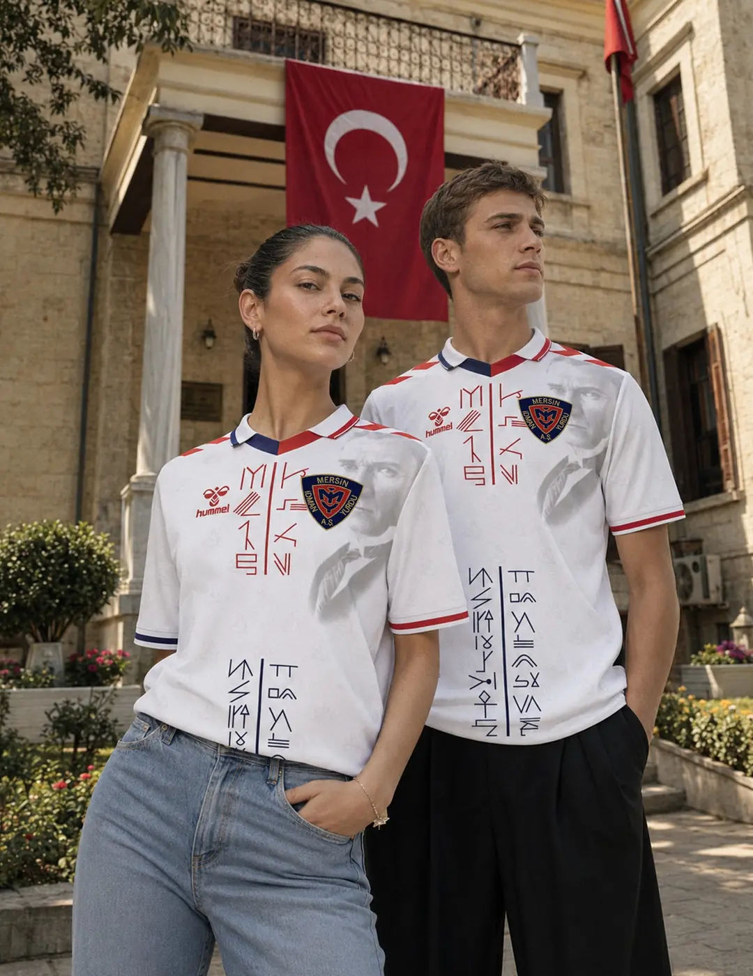Ata Mirası formalı iki model bayrağın önünde